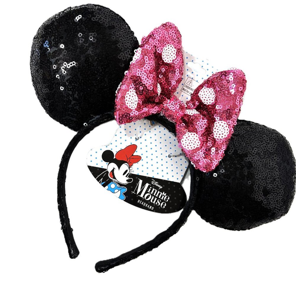 Minnie Mouse Blk Sequin Ears with Pink Bowtie NWT